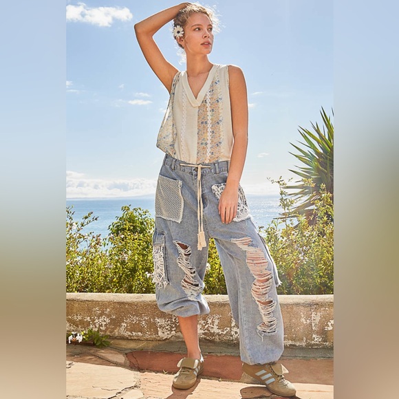 199. POL LAST 1! Denim Jeans Pants Lace Crochet Baggy Slouchy Distressed - Picture 3 of 6